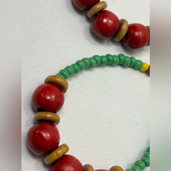 Handmade Wooden Beaded Hoops in Red, Gold, & Green - Picture 2 of 5